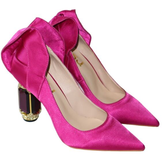 NEW FSJ Hot Pink Satin Pumps with Gemstone Block Heels and Bow Detail Size 8 - Picture 2 of 6